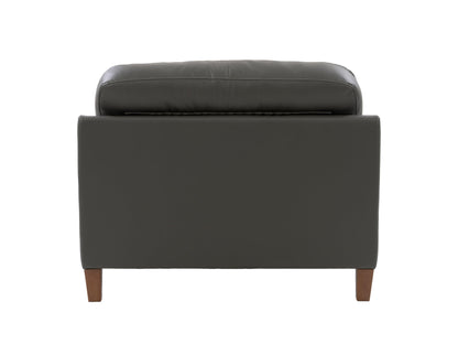 Brown leather arm chair with tufted backrest, wooden legs, and modern design suitable for living room or office decor.