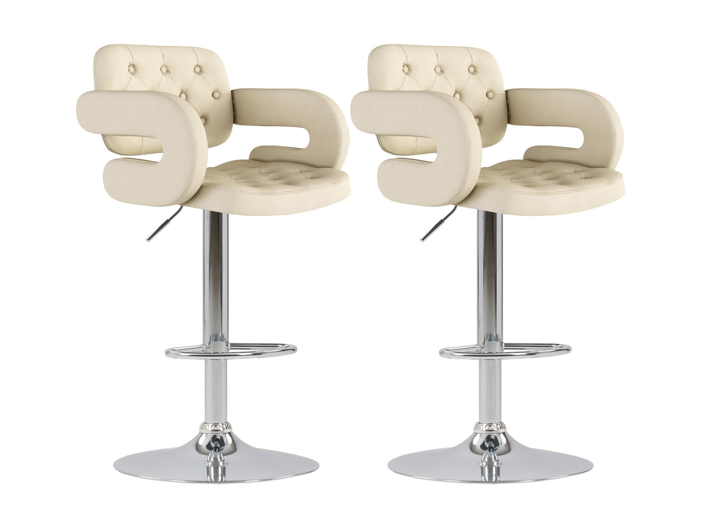 Set of 2 oatmeal-colored bar stools with arms, featuring plush fabric upholstery, wooden legs, and a footrest bar, perfect for kitchen counters or home bars.
