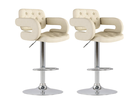 Set of 2 oatmeal-colored bar stools with arms, featuring plush fabric upholstery, wooden legs, and a footrest bar, perfect for kitchen counters or home bars.