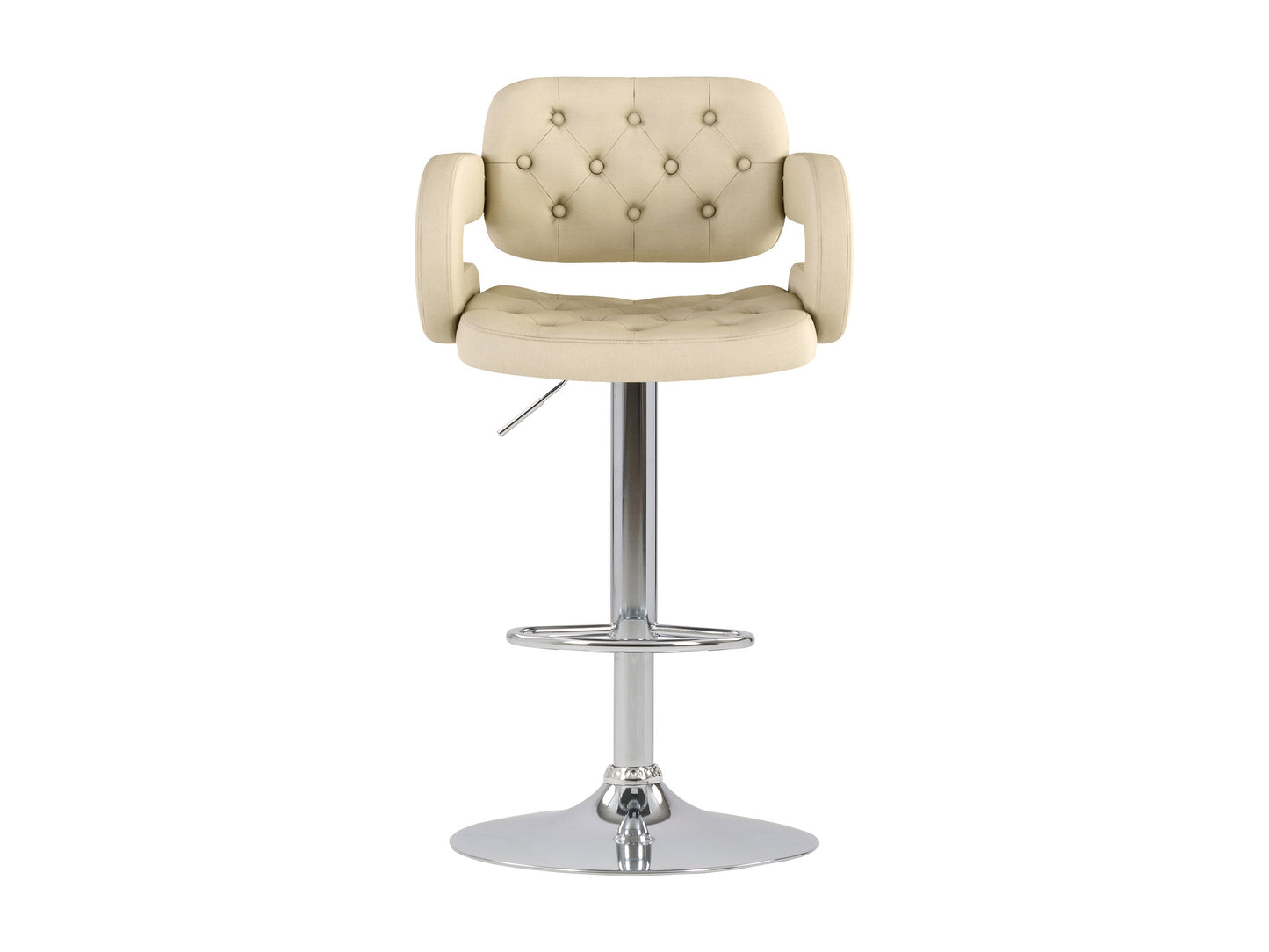 Set of 2 oatmeal-colored bar stools with arms, featuring plush fabric upholstery, wooden legs, and a footrest bar, perfect for kitchen counters or home bars.