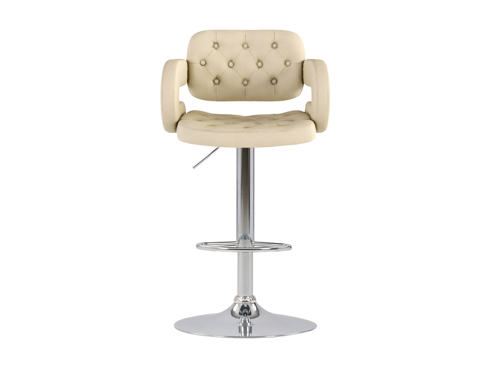 Set of 2 oatmeal-colored bar stools with arms, featuring plush fabric upholstery, wooden legs, and a footrest bar, perfect for kitchen counters or home bars.