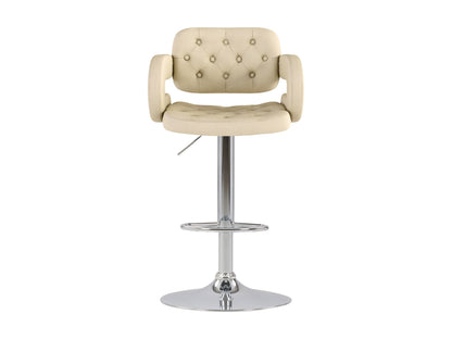 Set of 2 oatmeal-colored bar stools with arms, featuring plush fabric upholstery, wooden legs, and a footrest bar, perfect for kitchen counters or home bars.