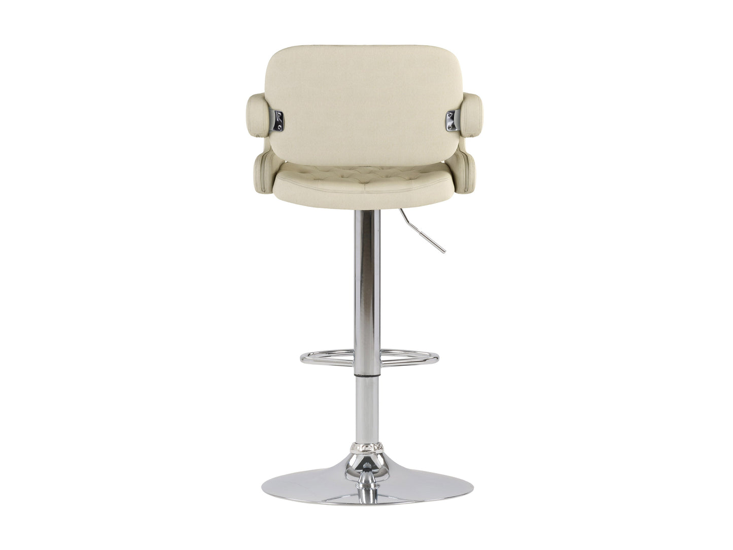 Set of 2 oatmeal-colored bar stools with arms, featuring plush fabric upholstery, wooden legs, and a footrest bar, perfect for kitchen counters or home bars.