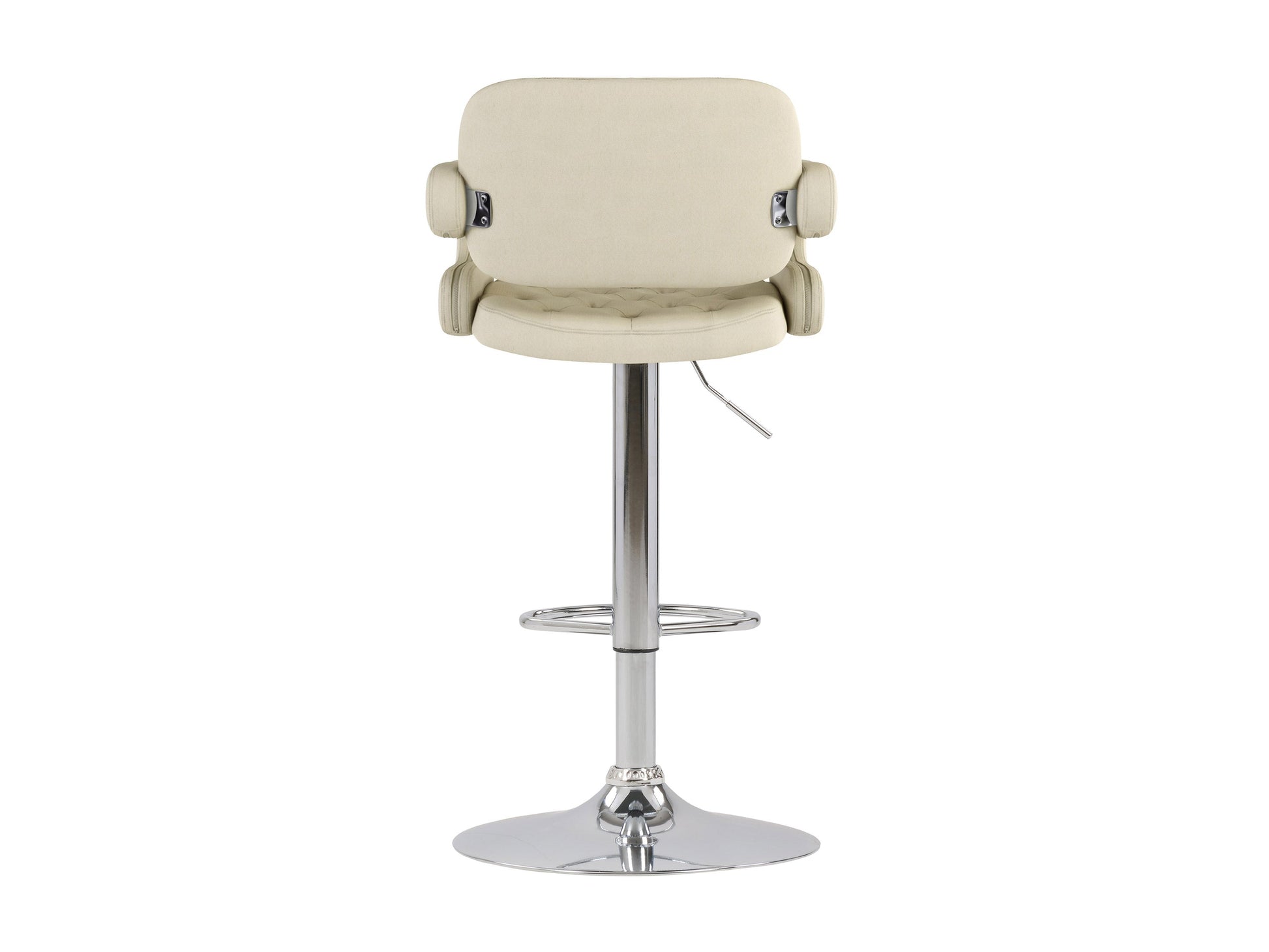 Set of 2 oatmeal-colored bar stools with arms, featuring plush fabric upholstery, wooden legs, and a footrest bar, perfect for kitchen counters or home bars.