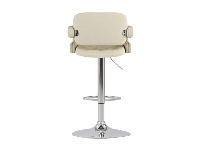 Set of 2 oatmeal-colored bar stools with arms, featuring plush fabric upholstery, wooden legs, and a footrest bar, perfect for kitchen counters or home bars.