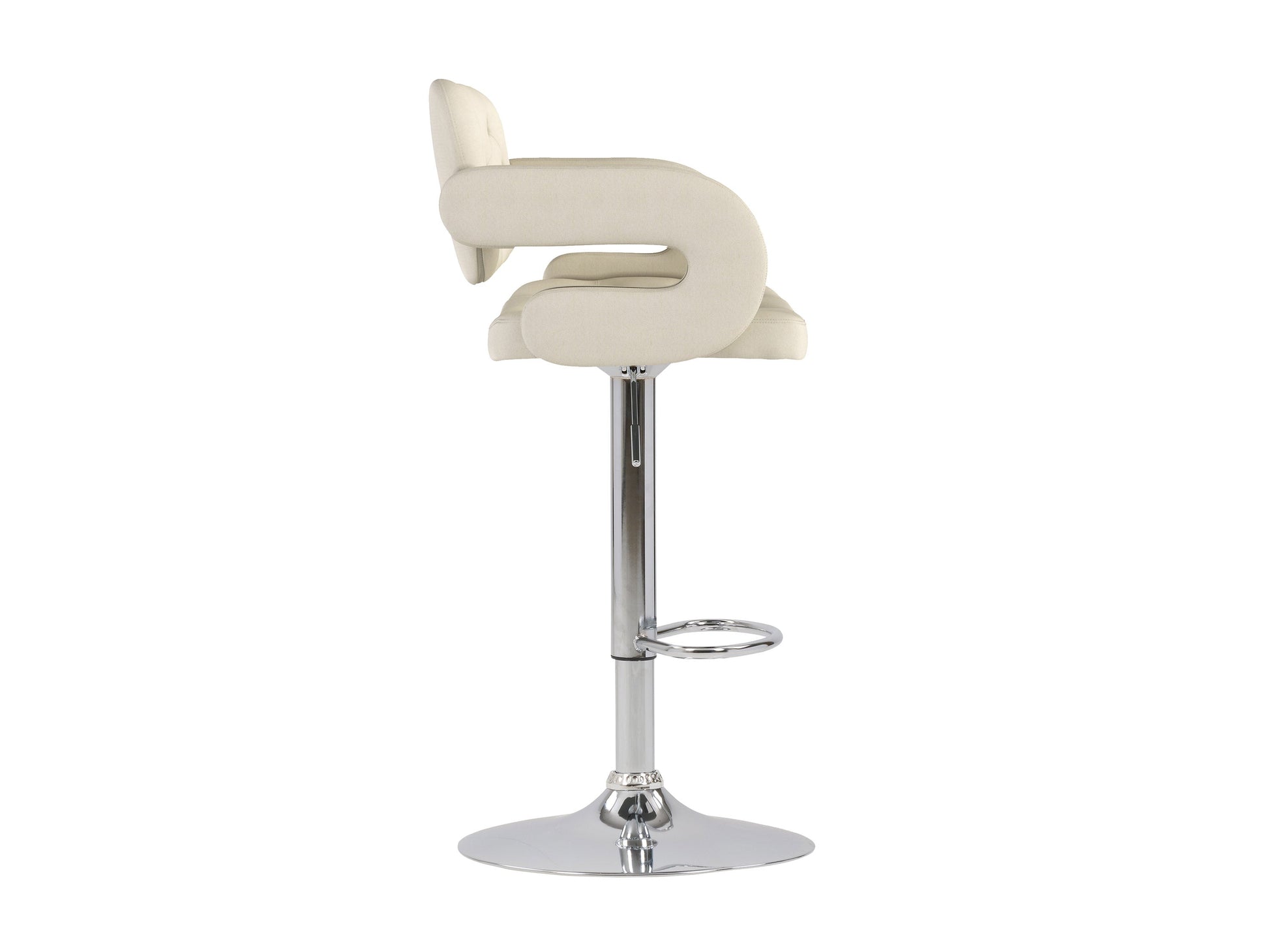 Set of 2 oatmeal-colored bar stools with arms, featuring plush fabric upholstery, wooden legs, and a footrest bar, perfect for kitchen counters or home bars.