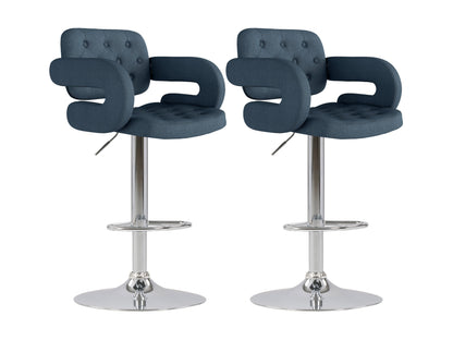 Dark blue bar stools with arms, set of 2, featuring plush velvet upholstery, sleek black metal legs, and a modern design ideal for kitchen islands or home bars.