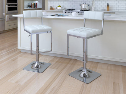 White bar stools set, featuring sleek metal legs, cushioned seats with a smooth leather finish, and a modern minimalist design perfect for kitchen counters or home bars.