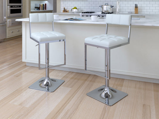 White bar stools set, featuring sleek metal legs, cushioned seats with a smooth leather finish, and a modern minimalist design perfect for kitchen counters or home bars.