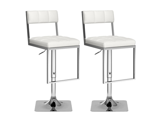 White bar stools set, featuring sleek metal legs, cushioned seats with a smooth leather finish, and a modern minimalist design perfect for kitchen counters or home bars.