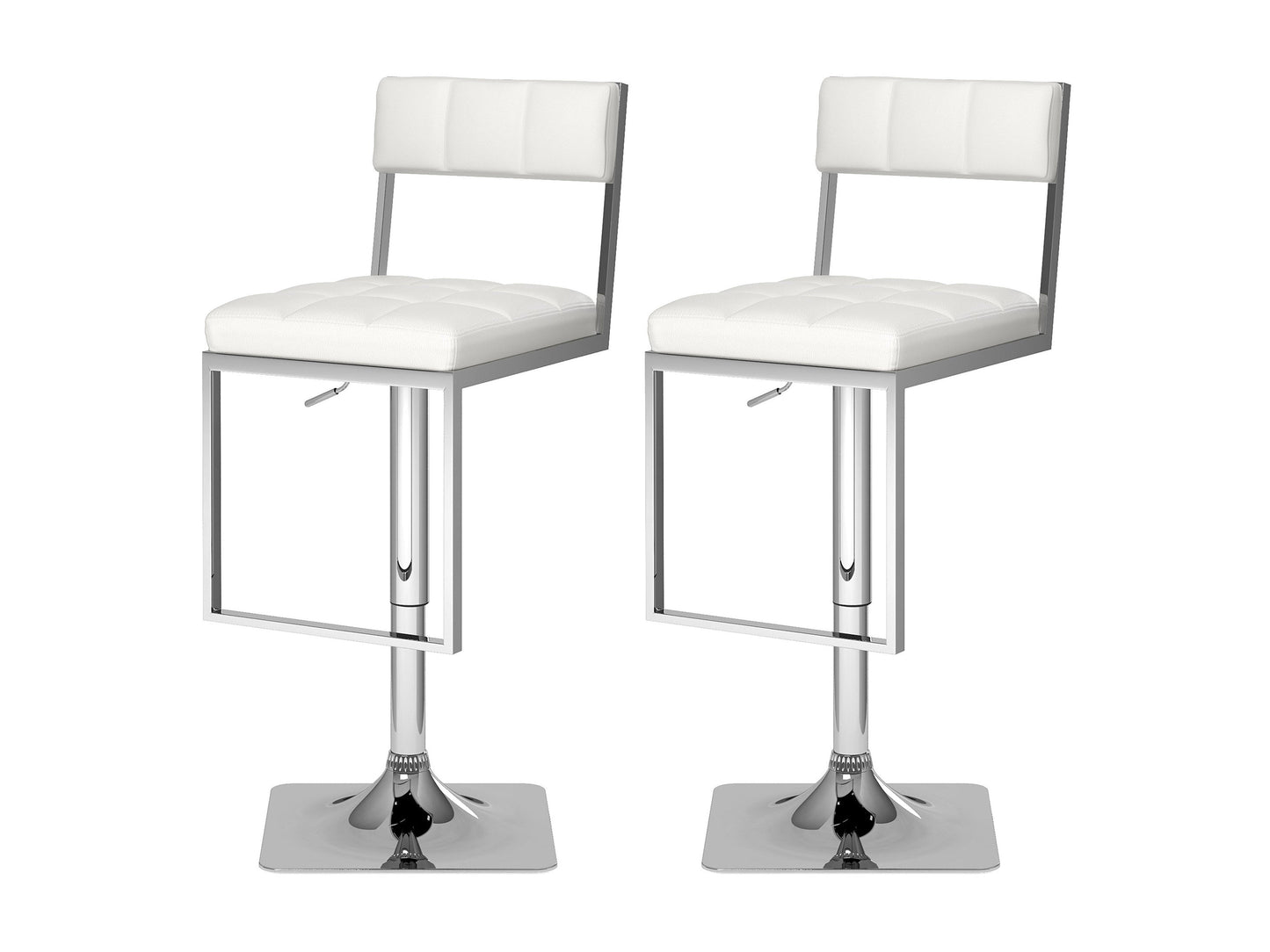 White bar stools set, featuring sleek metal legs, cushioned seats with a smooth leather finish, and a modern minimalist design perfect for kitchen counters or home bars.