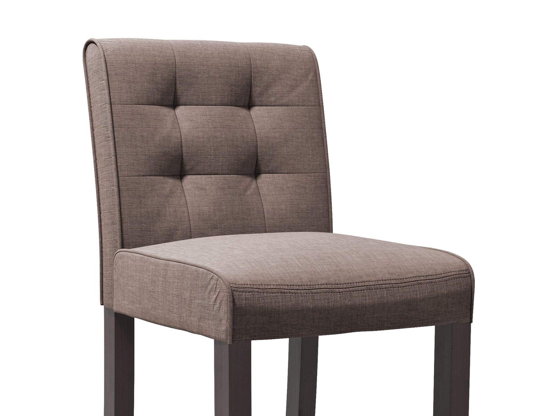 Brown wooden bar stool with a curved backrest, featuring a padded beige seat cushion, sleek metal footrest, and four sturdy legs, perfect for bar height seating in modern or rustic home decor.