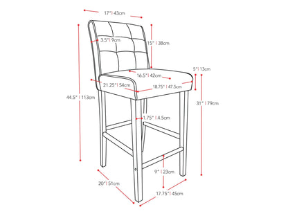 Brown wooden bar stool with a cushioned brown leather seat, sleek black metal legs, and a footrest. Ideal for bar height counters, blending rustic and modern design for kitchen or bar areas.