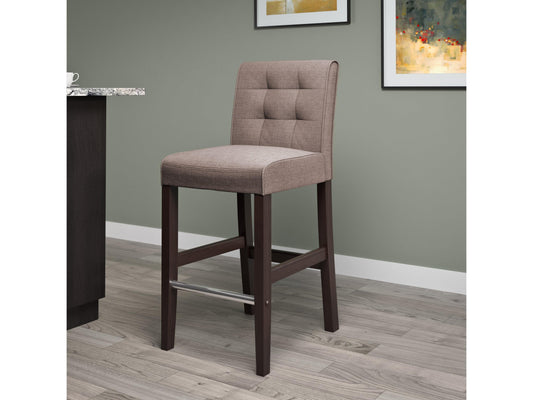 Brown bar stool with cushioned seat, dark wood legs, and footrest; upholstered in rich brown leather, perfect for bar height counters and modern kitchen islands.