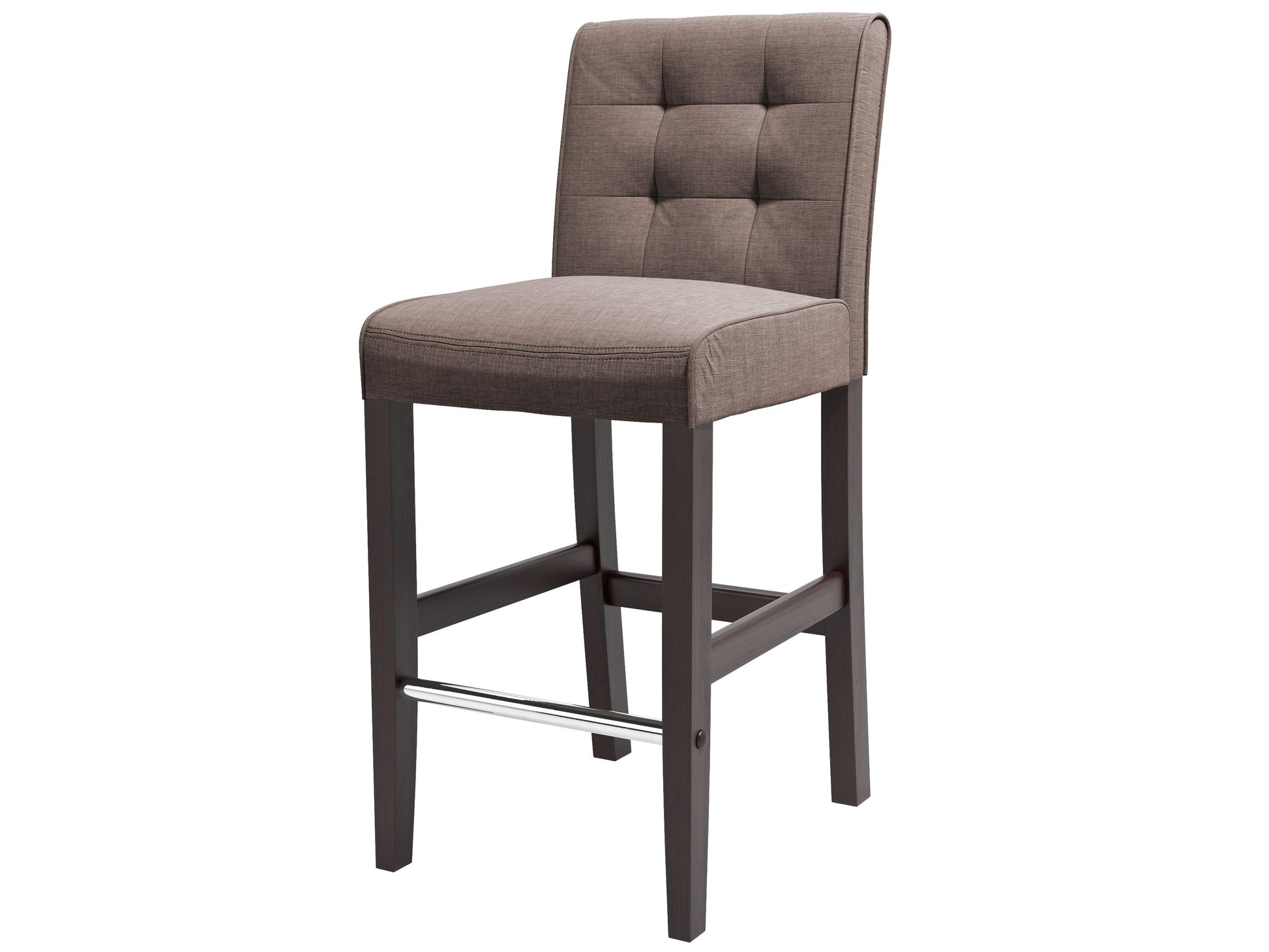 Brown bar stool with a sleek black metal frame and cushioned seat, featuring a contemporary design with a supportive backrest and footrest, perfect for modern kitchen islands or home bars.