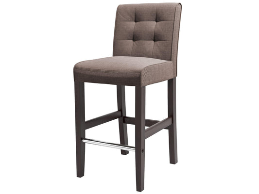 Brown bar stool with a sleek black metal frame and cushioned seat, featuring a contemporary design with a supportive backrest and footrest, perfect for modern kitchen islands or home bars.