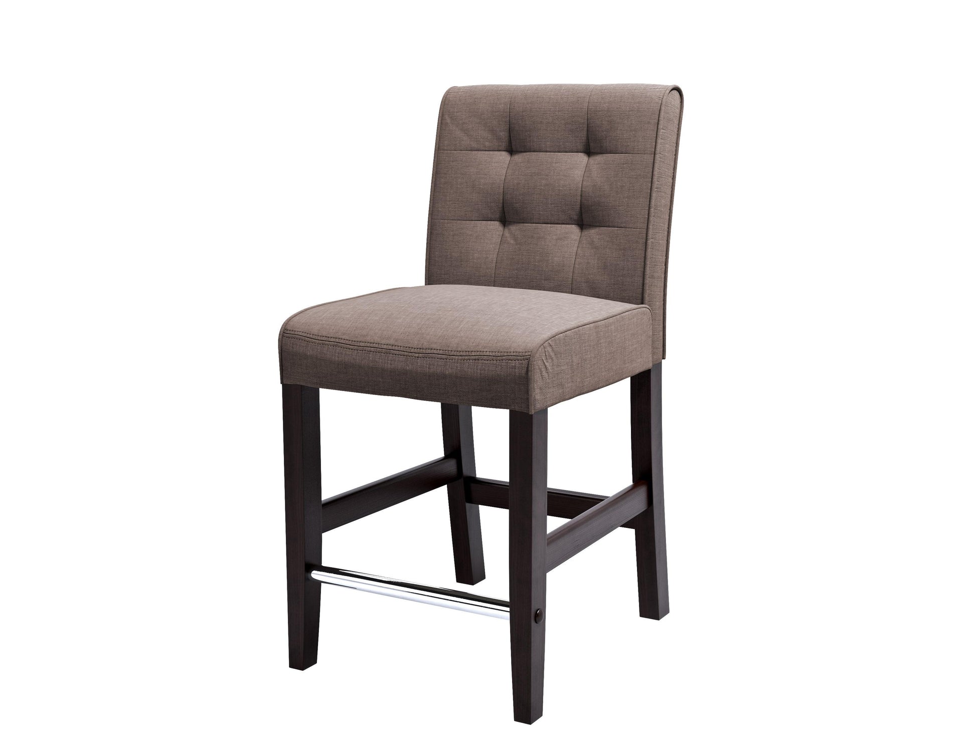 Brown bar stool with wooden legs, cushioned seat, and backrest. Features a sleek, modern design ideal for kitchen counters or home bars. Upholstered in rich brown fabric with a sturdy frame for durability.