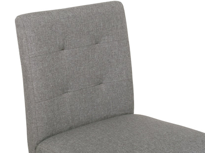 Silver grey bar height stool with cushioned fabric seat, sleek metal legs, and footrest. Ideal for modern kitchens or bars, this stool combines comfort and contemporary design.