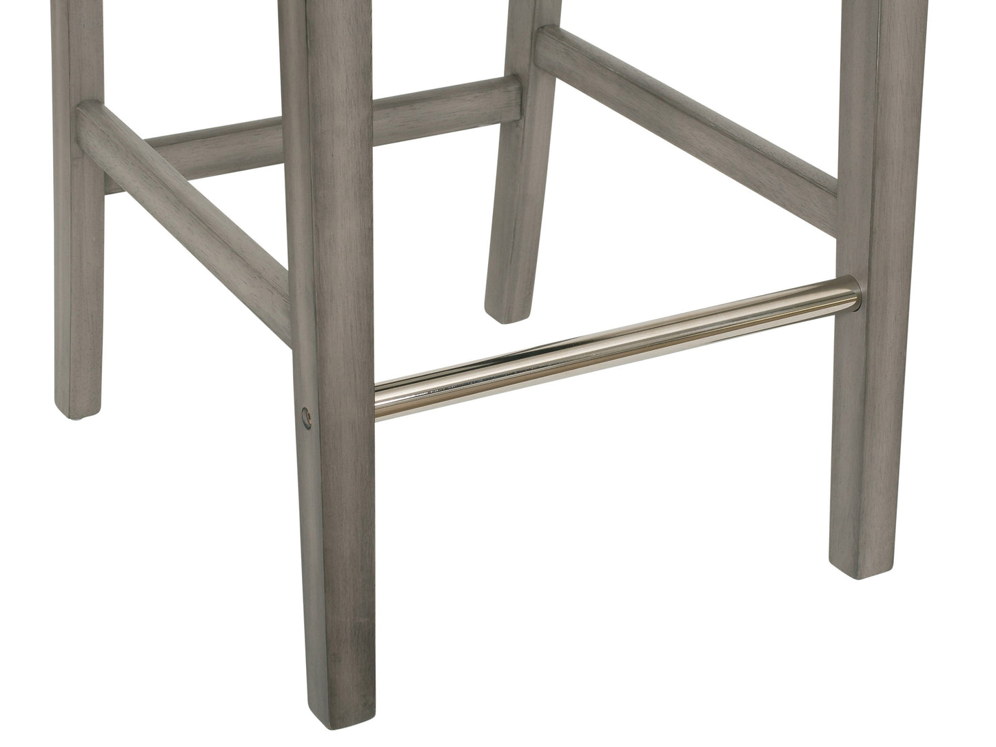 Silver grey bar height stool with cushioned fabric seat, sleek metal legs, and footrest. Ideal for modern kitchens or bars, this stool combines comfort and contemporary design.