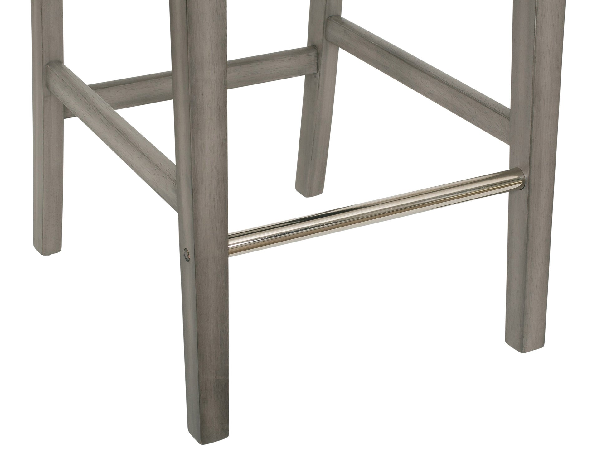 Silver grey bar height stool with cushioned fabric seat, sleek metal legs, and footrest. Ideal for modern kitchens or bars, this stool combines comfort and contemporary design.