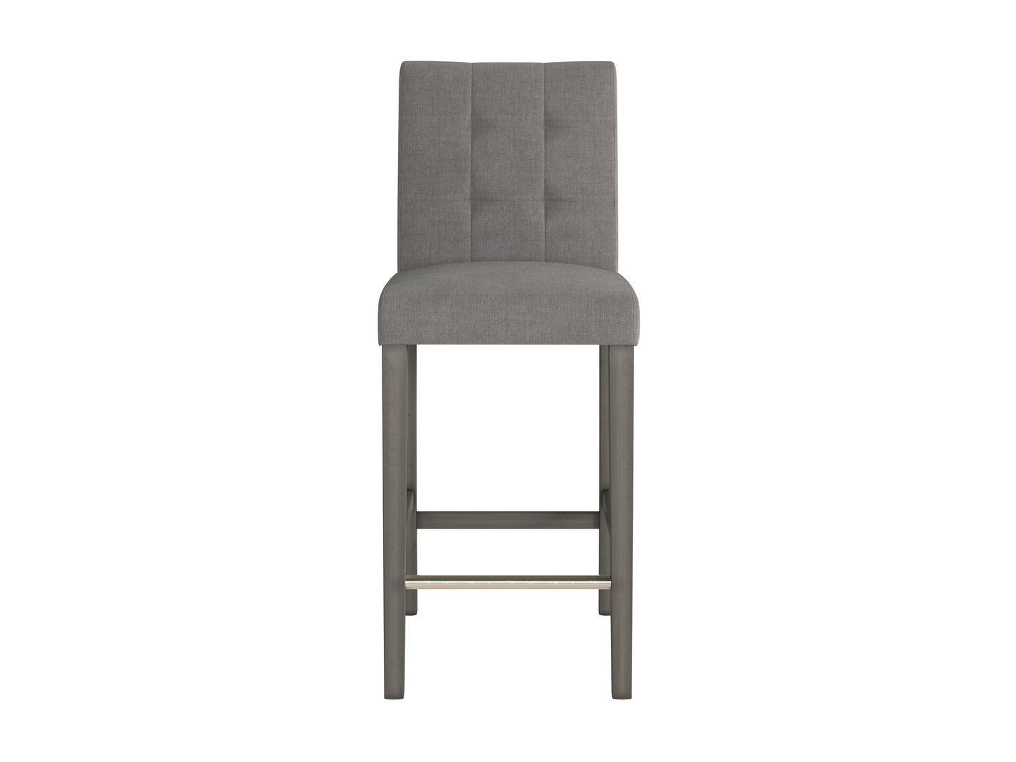 Silver grey bar height stool with cushioned fabric seat, sleek metal legs, and footrest. Ideal for modern kitchens or bars, this stool combines comfort and contemporary design.