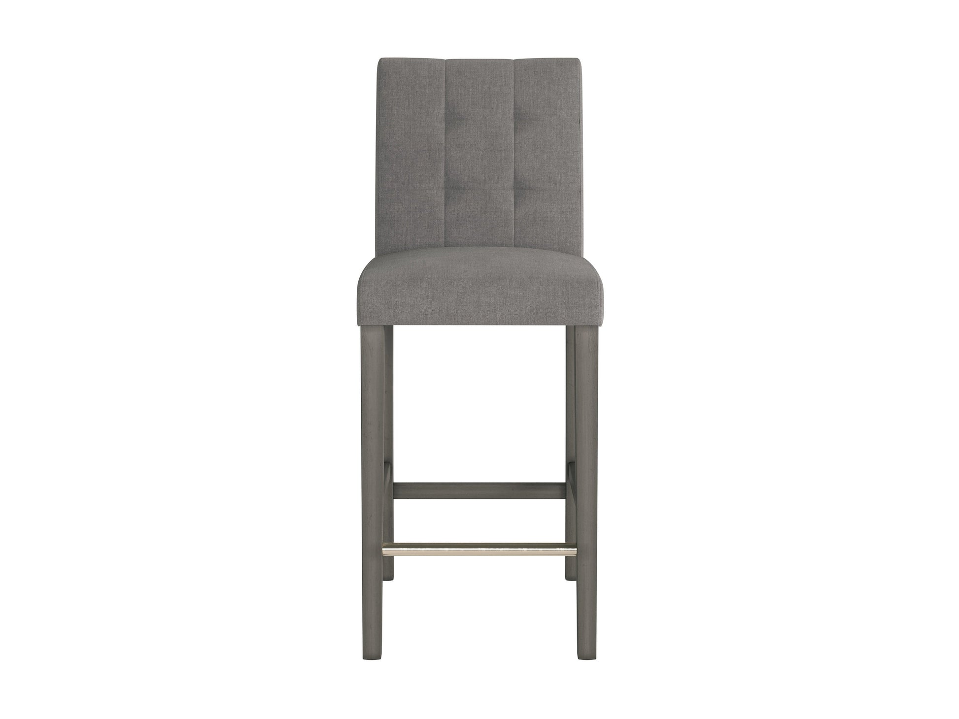 Silver grey bar height stool with cushioned fabric seat, sleek metal legs, and footrest. Ideal for modern kitchens or bars, this stool combines comfort and contemporary design.