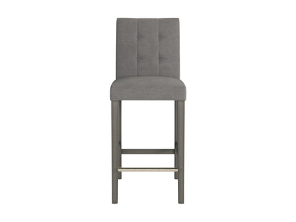 Silver grey bar height stool with cushioned fabric seat, sleek metal legs, and footrest. Ideal for modern kitchens or bars, this stool combines comfort and contemporary design.