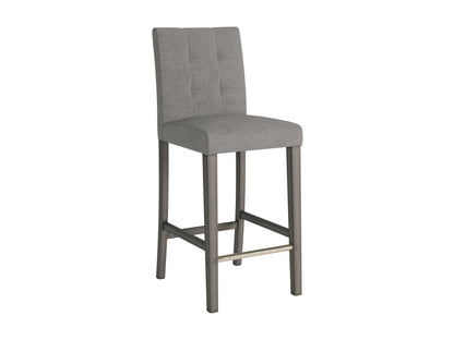 Silver grey bar height stool with cushioned fabric seat, sleek metal legs, and footrest. Ideal for modern kitchens or bars, this stool combines comfort and contemporary design.