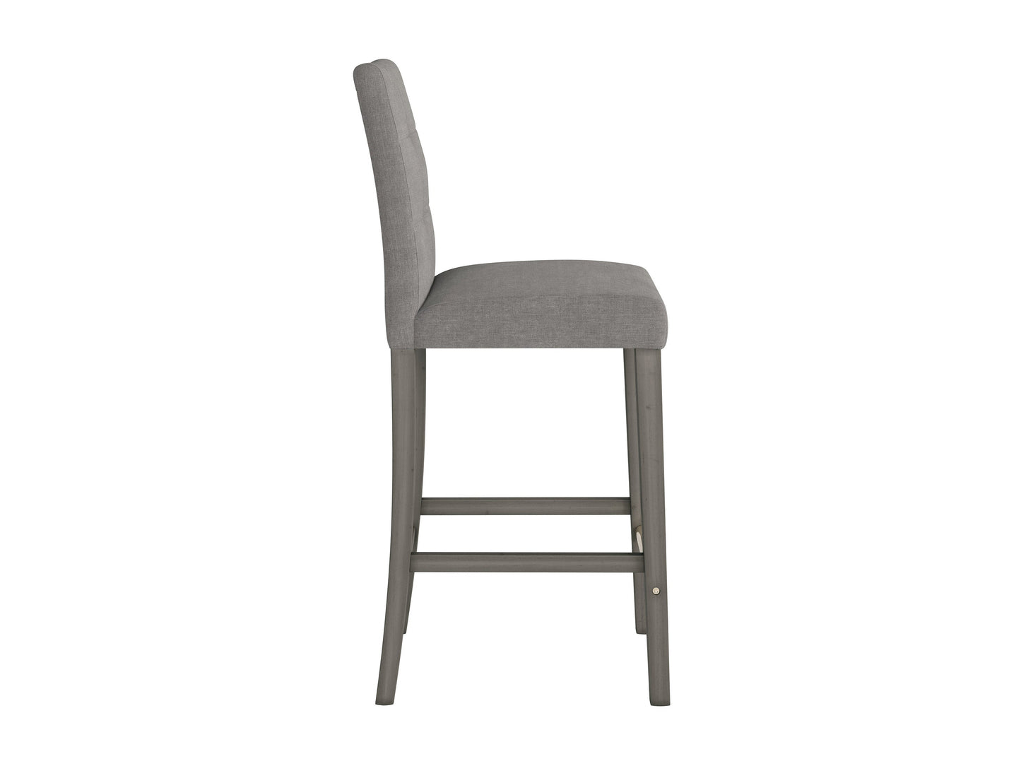 Silver grey bar height stool with cushioned fabric seat, sleek metal legs, and footrest. Ideal for modern kitchens or bars, this stool combines comfort and contemporary design.