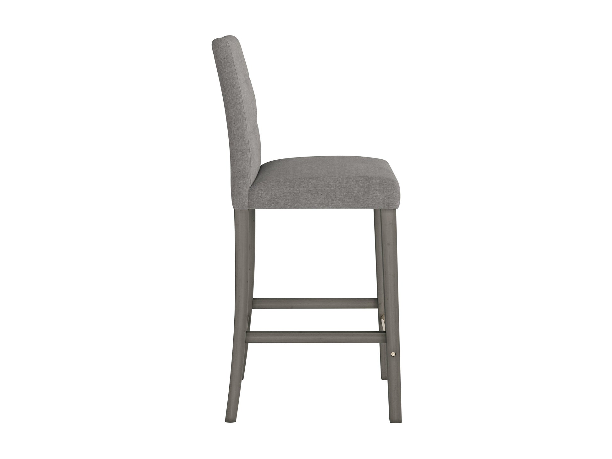 Silver grey bar height stool with cushioned fabric seat, sleek metal legs, and footrest. Ideal for modern kitchens or bars, this stool combines comfort and contemporary design.