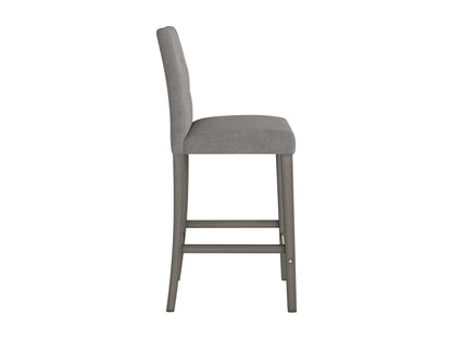 Silver grey bar height stool with cushioned fabric seat, sleek metal legs, and footrest. Ideal for modern kitchens or bars, this stool combines comfort and contemporary design.
