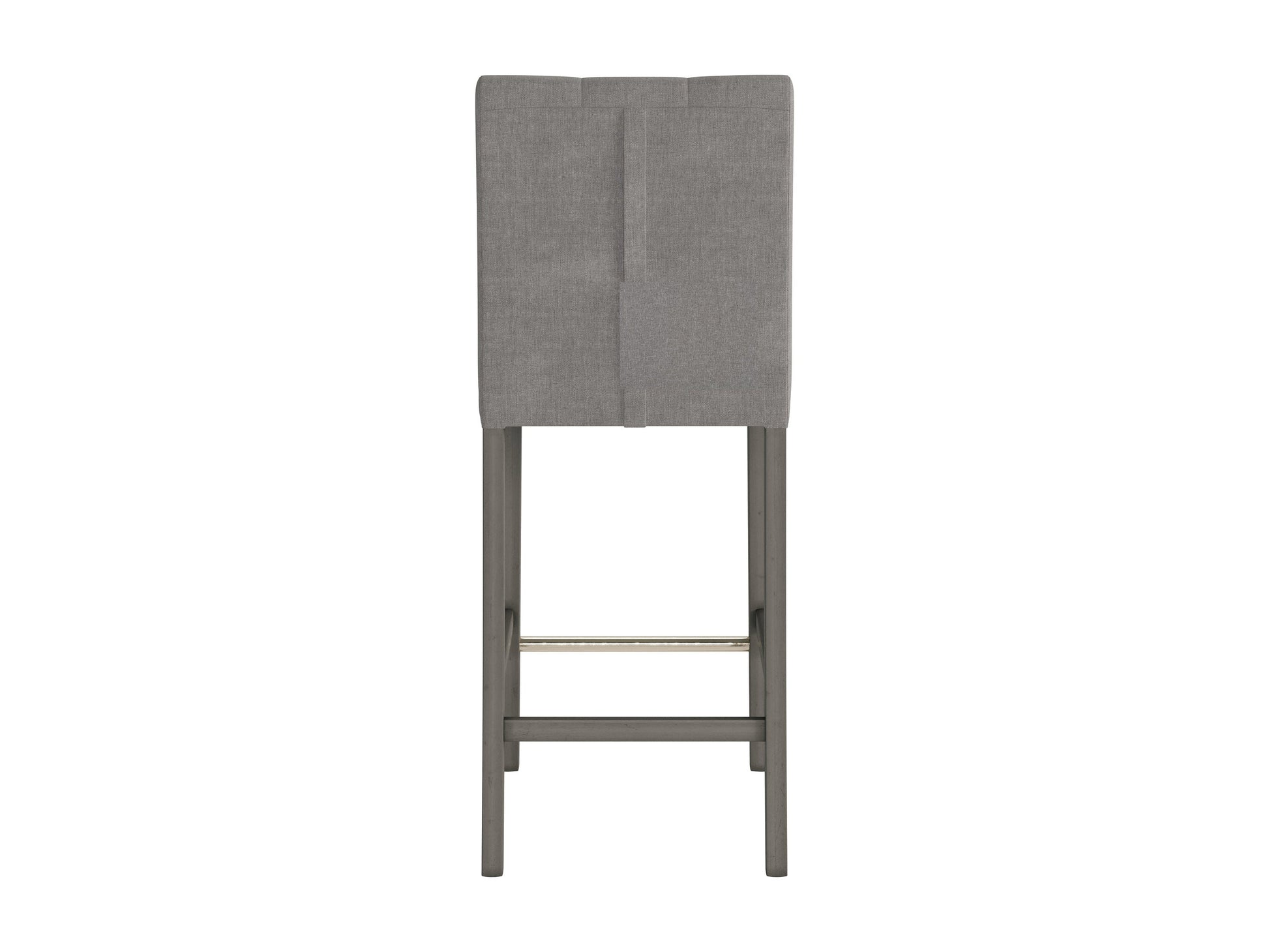 Silver grey bar height stool with cushioned fabric seat, sleek metal legs, and footrest. Ideal for modern kitchens or bars, this stool combines comfort and contemporary design.