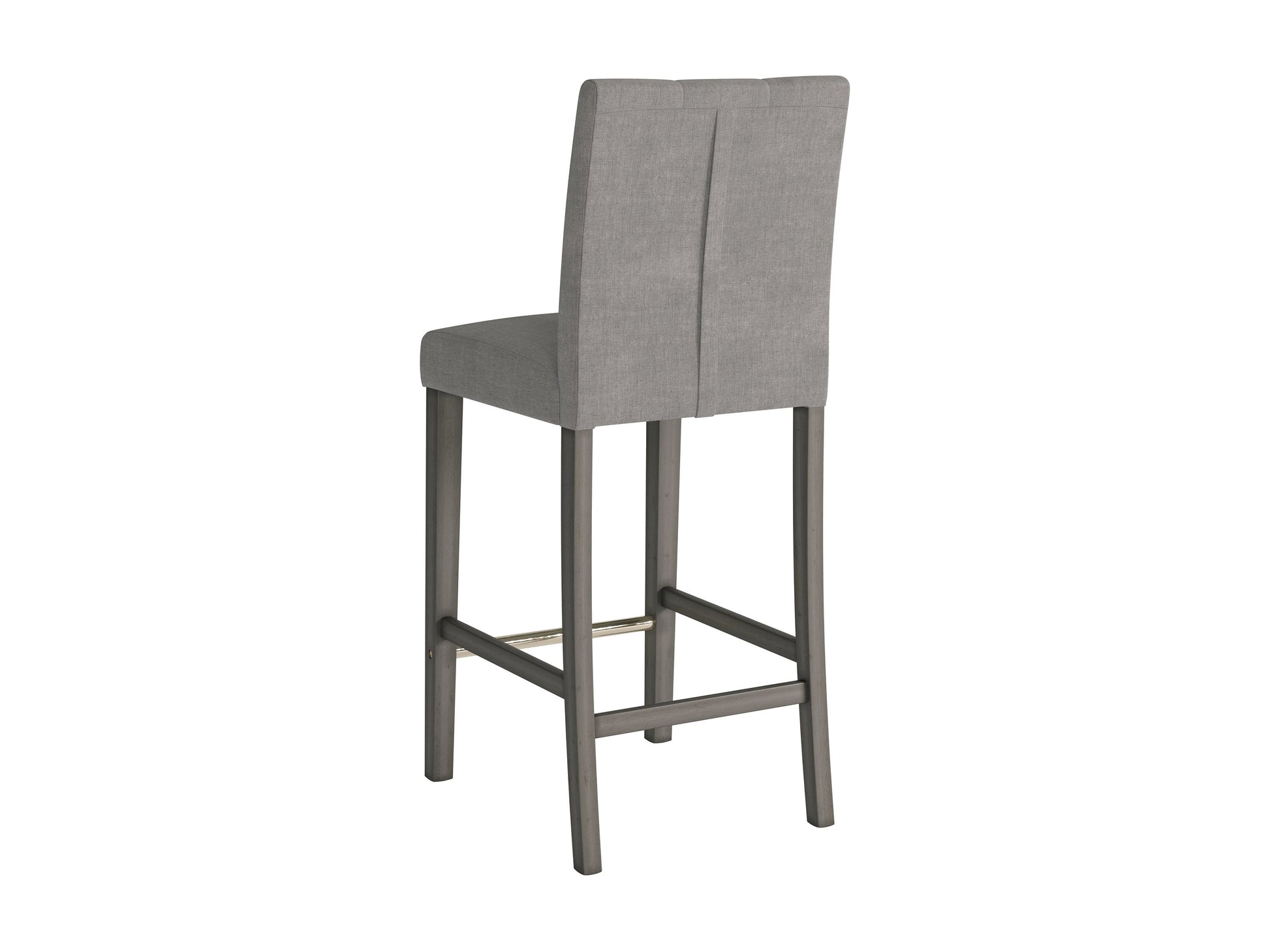 Silver grey bar height stool with cushioned fabric seat, sleek metal legs, and footrest. Ideal for modern kitchens or bars, this stool combines comfort and contemporary design.