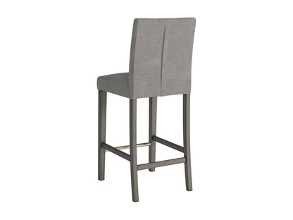 Silver grey bar height stool with cushioned fabric seat, sleek metal legs, and footrest. Ideal for modern kitchens or bars, this stool combines comfort and contemporary design.
