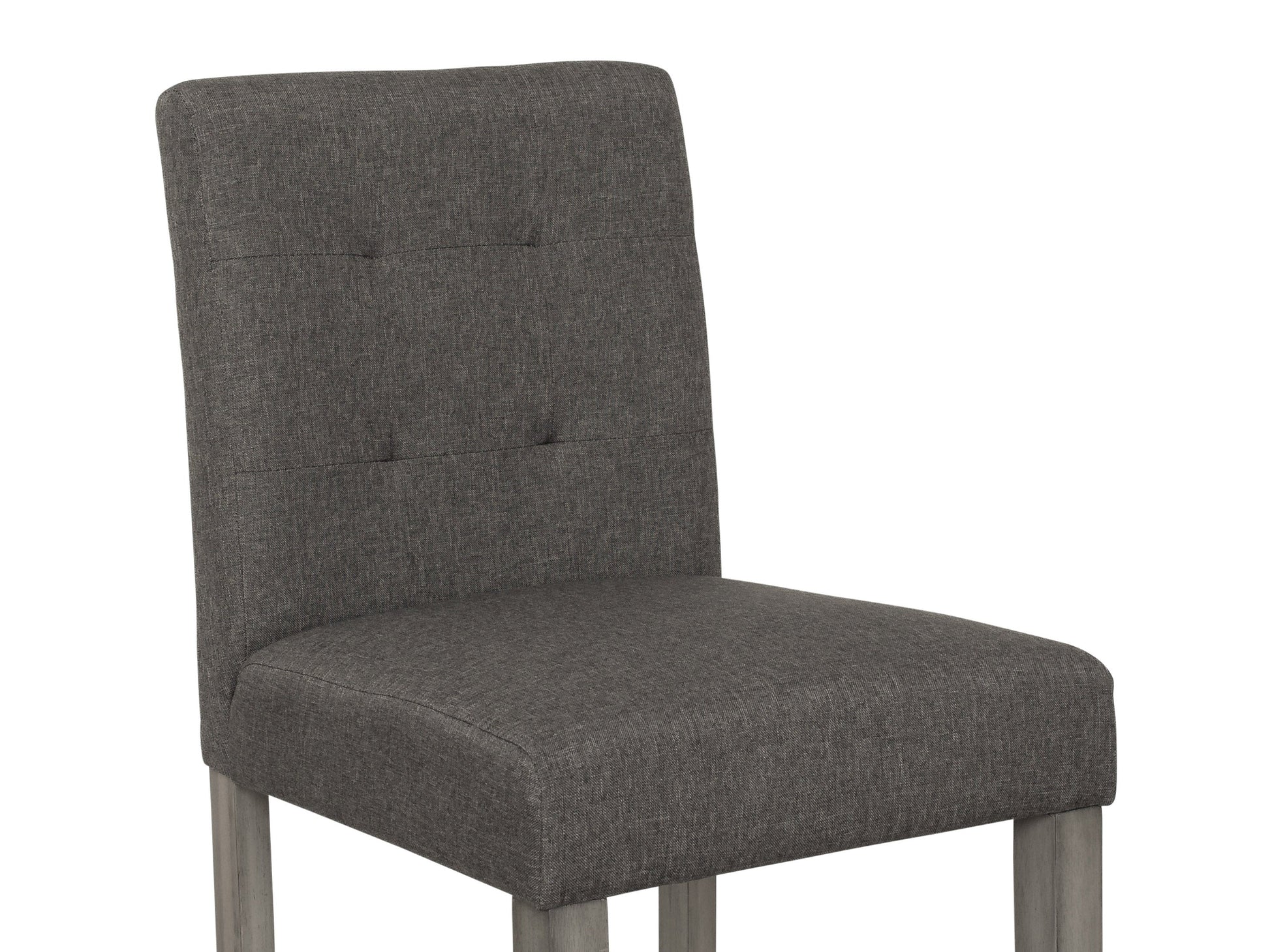 Charcoal brown fabric counter height stool with cushioned seat, sturdy wooden legs, and footrest, featuring sleek modern design and durable upholstery for kitchen or bar area.