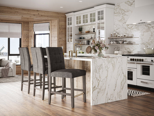 Charcoal brown fabric counter height stool with cushioned seat, sturdy wooden legs, and footrest, featuring sleek modern design and durable upholstery for kitchen or bar area.
