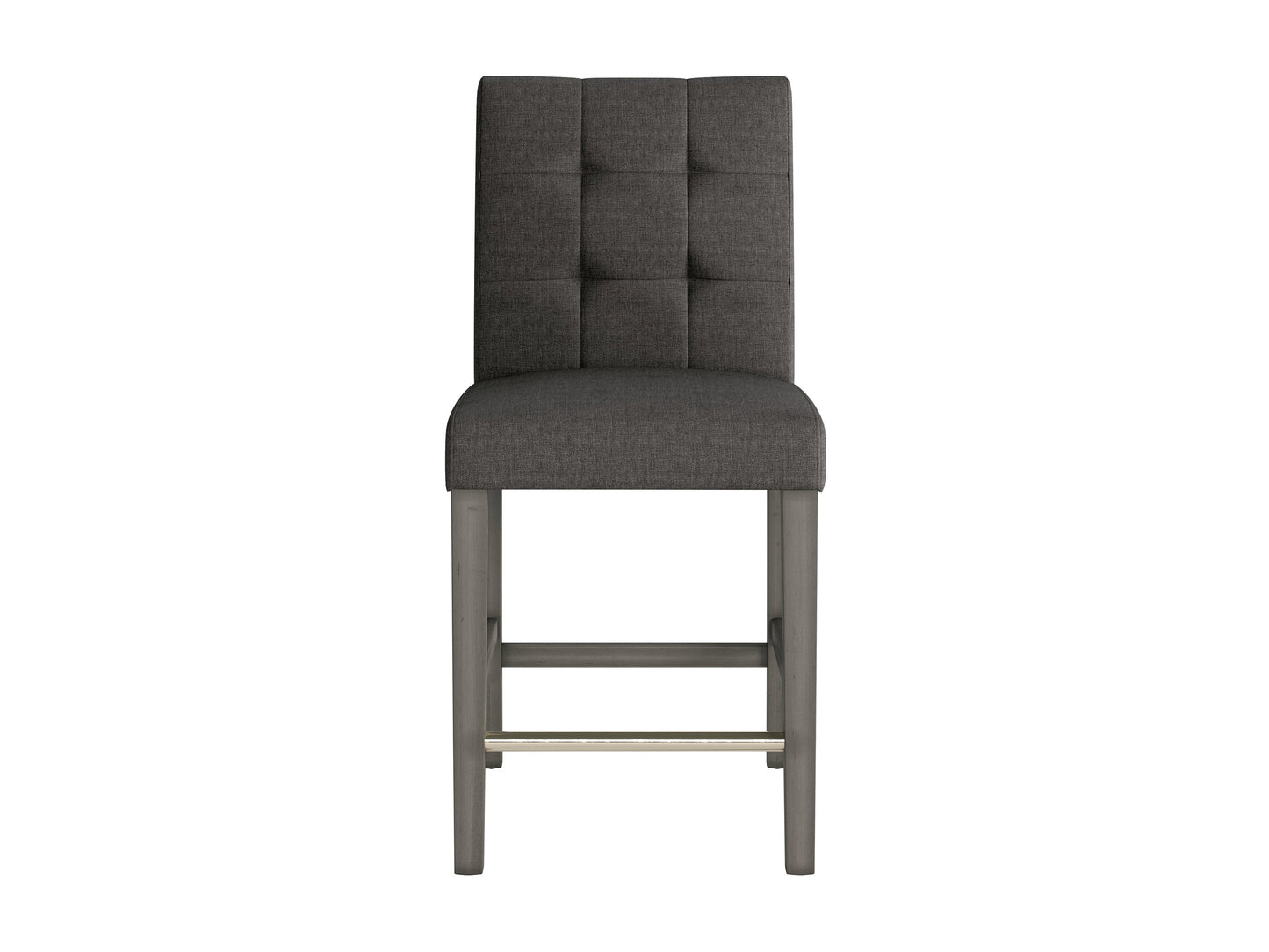 Charcoal brown fabric counter height stool with cushioned seat, sturdy wooden legs, and footrest, featuring sleek modern design and durable upholstery for kitchen or bar area.