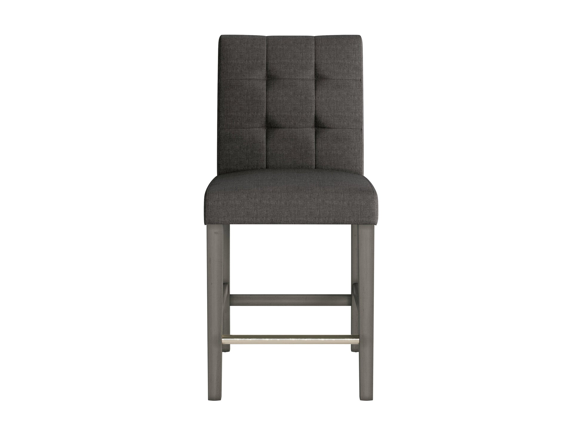 Charcoal brown fabric counter height stool with cushioned seat, sturdy wooden legs, and footrest, featuring sleek modern design and durable upholstery for kitchen or bar area.