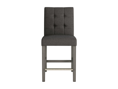Charcoal brown fabric counter height stool with cushioned seat, sturdy wooden legs, and footrest, featuring sleek modern design and durable upholstery for kitchen or bar area.