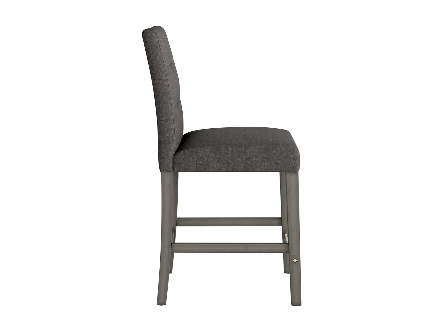 Charcoal brown fabric counter height stool with cushioned seat, sturdy wooden legs, and footrest, featuring sleek modern design and durable upholstery for kitchen or bar area.