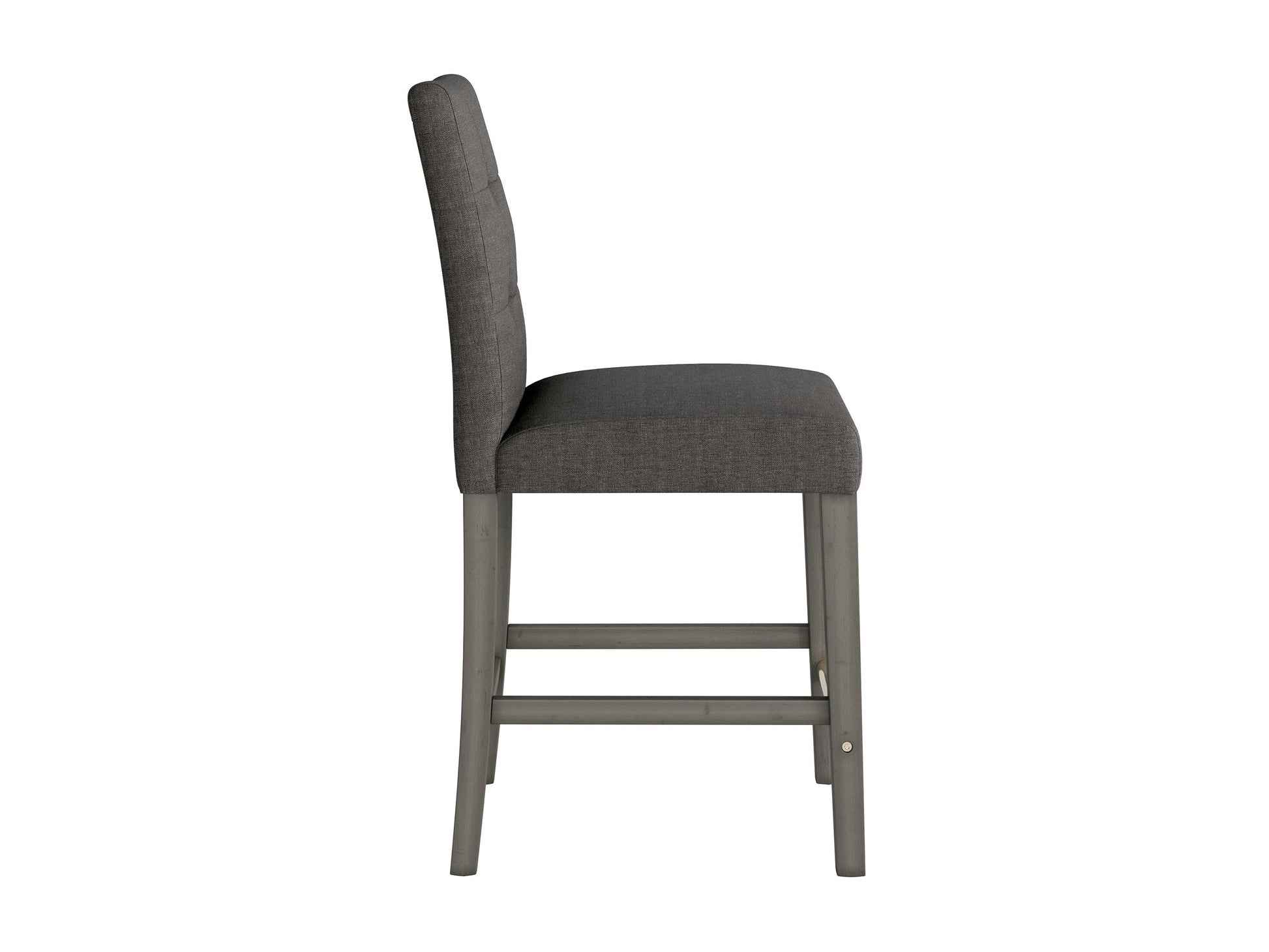 Charcoal brown fabric counter height stool with cushioned seat, sturdy wooden legs, and footrest, featuring sleek modern design and durable upholstery for kitchen or bar area.