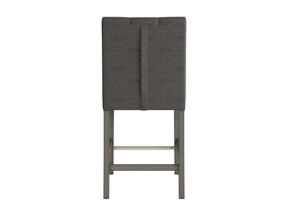 Charcoal brown fabric counter height stool with cushioned seat, sturdy wooden legs, and footrest, featuring sleek modern design and durable upholstery for kitchen or bar area.