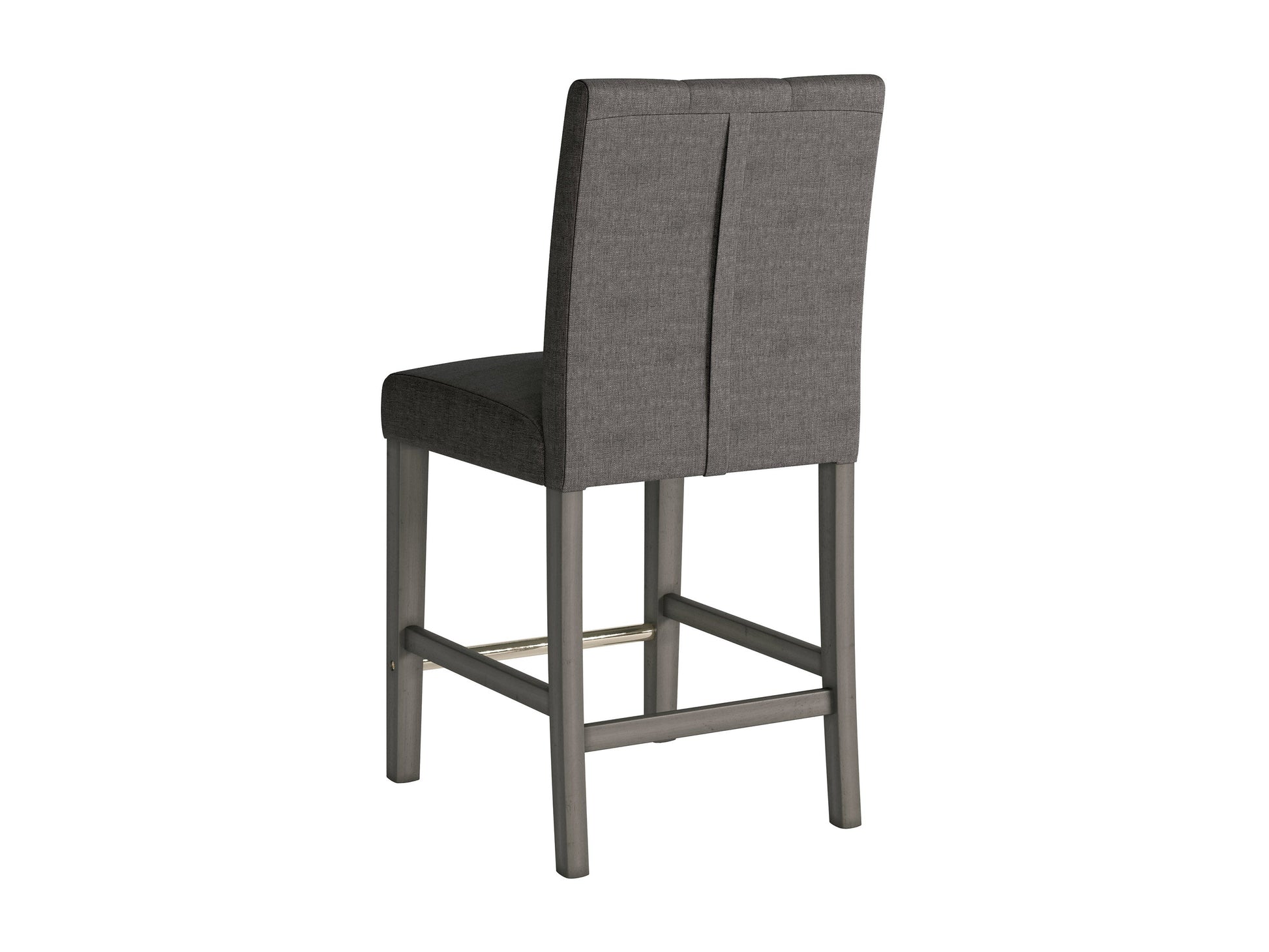 Charcoal brown fabric counter height stool with cushioned seat, sturdy wooden legs, and footrest, featuring sleek modern design and durable upholstery for kitchen or bar area.