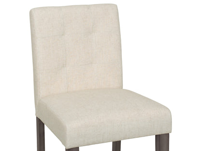 Beige fabric counter height bar stool with cushioned seat, dark wooden legs, and footrest. Ideal for kitchen islands and home bars. Modern design with a comfortable backrest and durable upholstery.