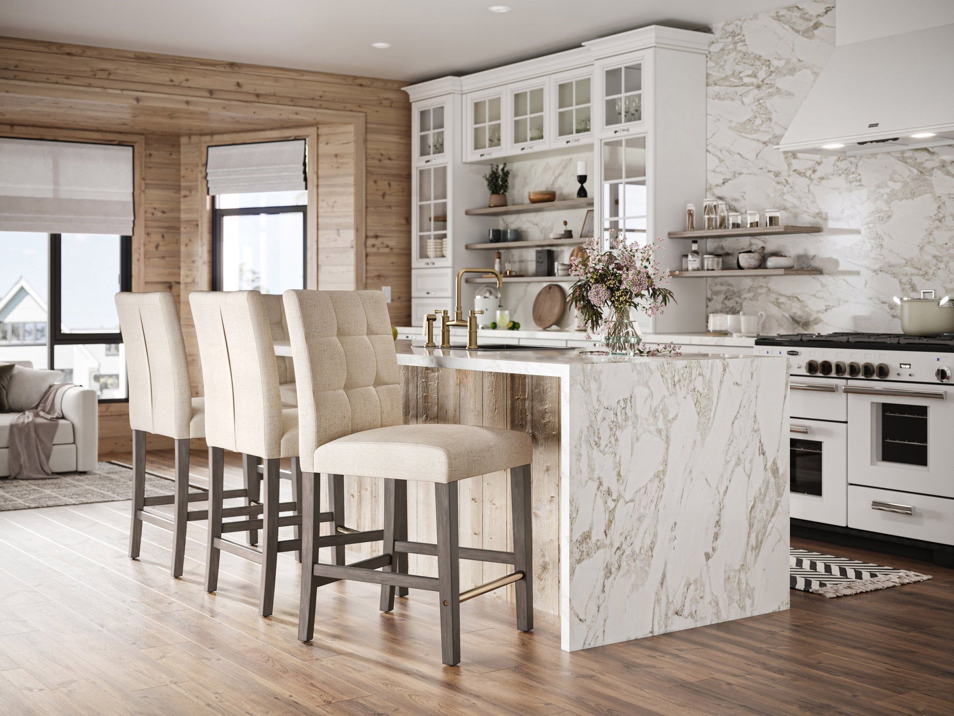 Beige fabric counter height bar stool with cushioned seat, dark wooden legs, and footrest. Ideal for kitchen islands and home bars. Modern design with a comfortable backrest and durable upholstery.