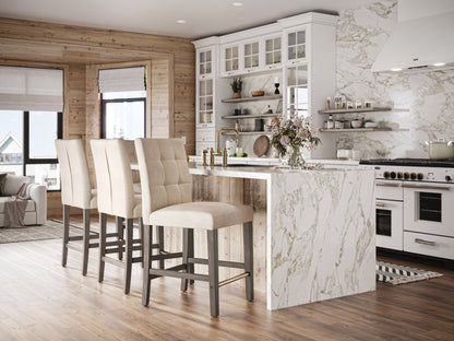 Beige fabric counter height bar stool with cushioned seat, dark wooden legs, and footrest. Ideal for kitchen islands and home bars. Modern design with a comfortable backrest and durable upholstery.