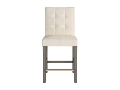 Beige fabric counter height bar stool with cushioned seat, dark wooden legs, and footrest. Ideal for kitchen islands and home bars. Modern design with a comfortable backrest and durable upholstery.
