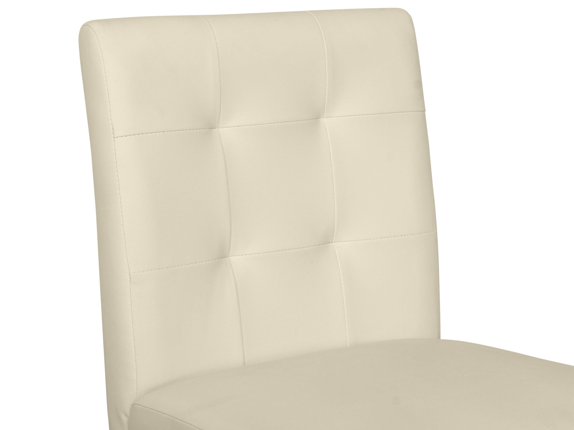 Warm white vegan leather bar height stool with sleek metal legs, cushioned seat, and backrest. Features modern design, durable materials, and comfortable padding for stylish and sustainable seating.
