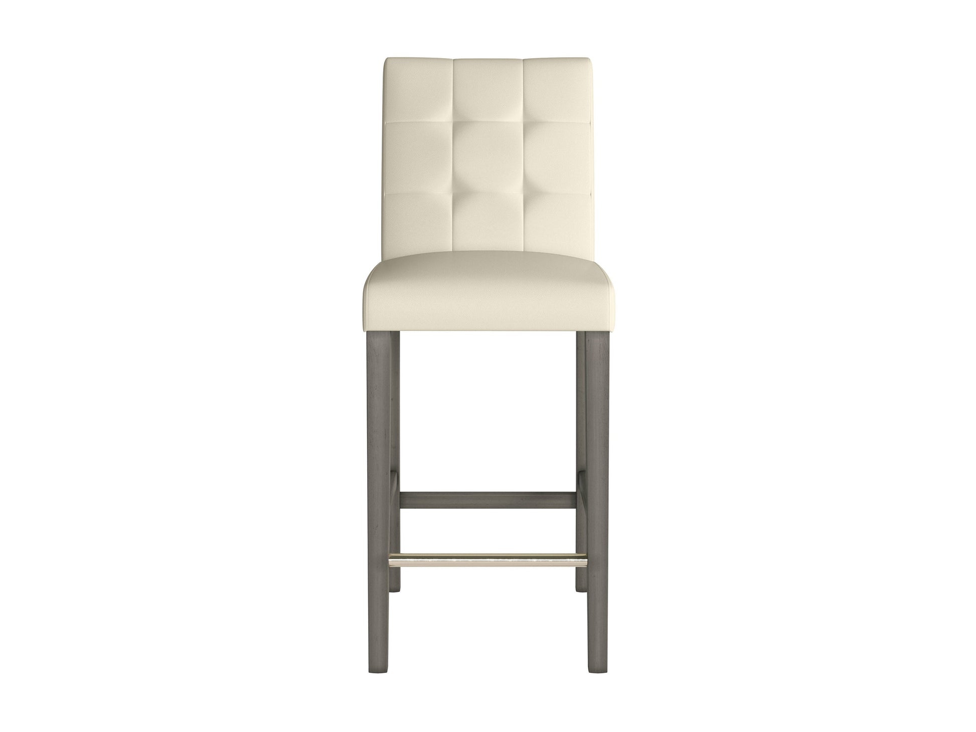 Warm white vegan leather bar height stool with sleek metal legs, cushioned seat, and backrest. Features modern design, durable materials, and comfortable padding for stylish and sustainable seating.