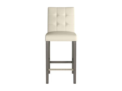 Warm white vegan leather bar height stool with sleek metal legs, cushioned seat, and backrest. Features modern design, durable materials, and comfortable padding for stylish and sustainable seating.